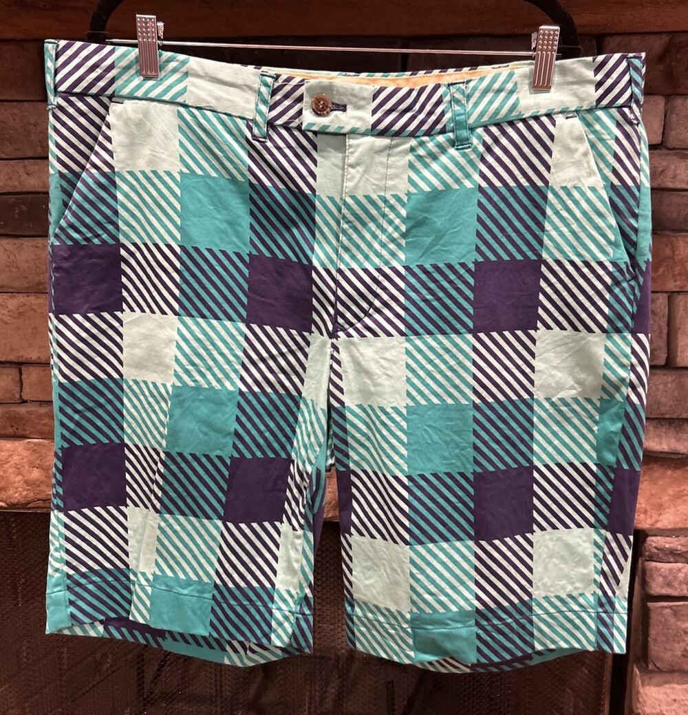 Men’s LOUDMOUTH Green/Blue Plaid Flat Front Golf Shorts Size 40 *C5